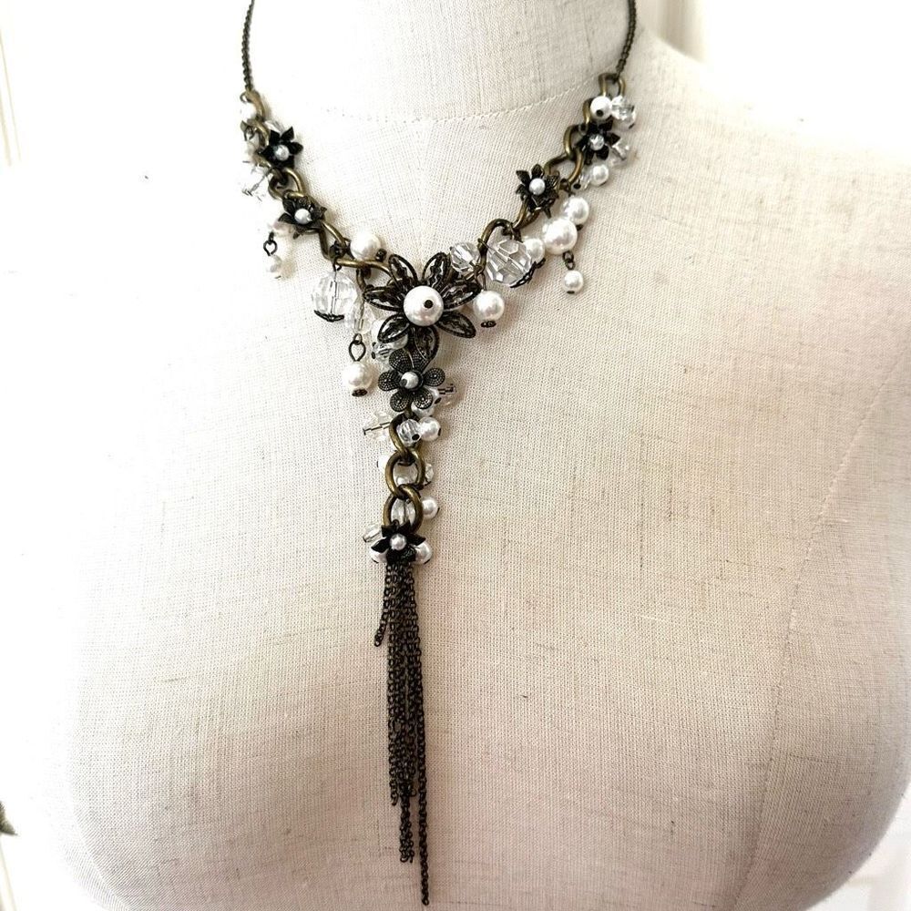 Faux pearl flower chain statement necklace